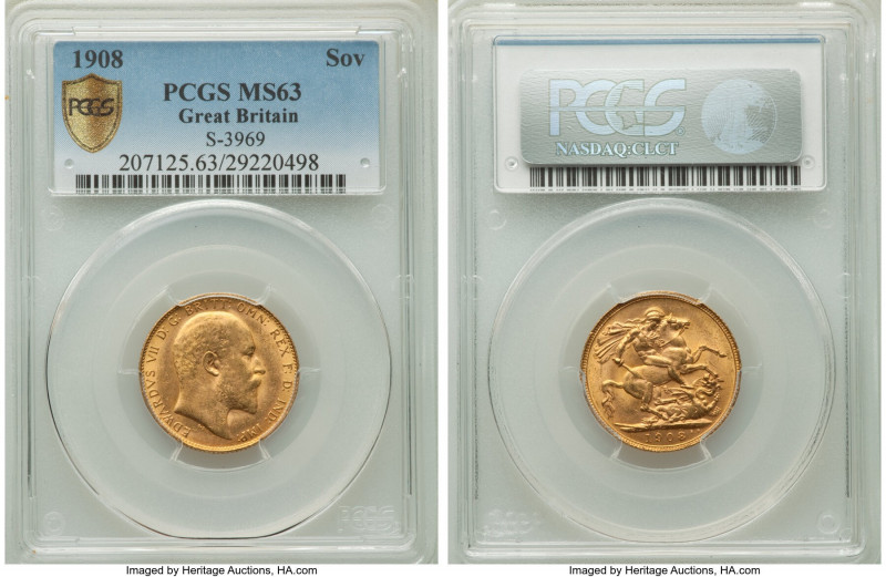 Edward VII gold Sovereign 1908 MS63 PCGS, KM805, S-3969. AGW 0.2355 oz. 

HID0...