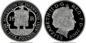 Elizabeth II silver "Accession of Henry VIII" 5 Pounds 2009 PR70 Ultra Cameo NGC, KM1118a. Issued for the 500th Anniversary of King Henry VIII. Presen...