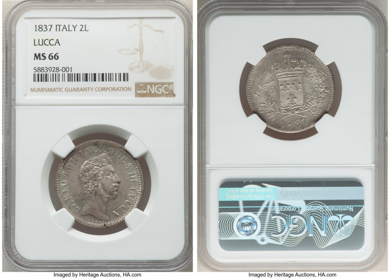 Lucca. Charles Lodovico 2 Lire 1837 MS66 NGC, KM-C41. Lavender tinted silver-gra...