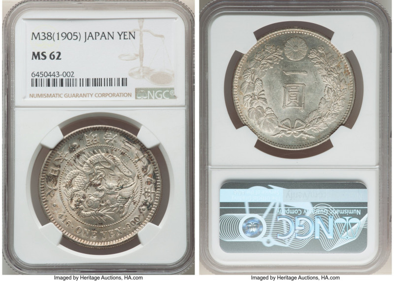 Meiji Yen Year 38 (1905) MS62 NGC, Osaka mint, KM-YA25.3. Stippled obverse tonin...