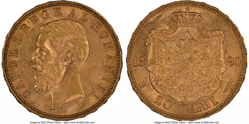Carol I gold 20 Lei 1890-B MS63 NGC, Bucharest mint, KM20. Two year type. AGW 0....