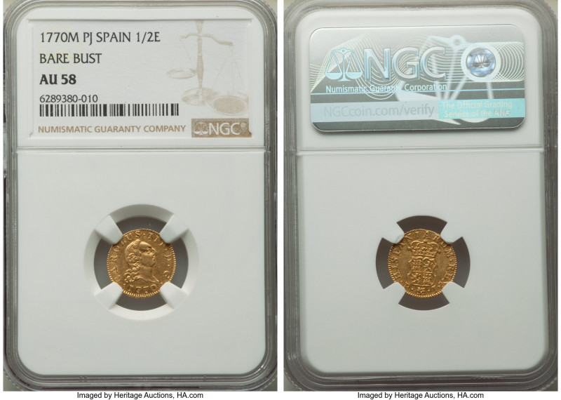 Charles III gold 1/2 Escudo 1770 M-PJ AU58 NGC, Madrid mint, KM389.1. Bare bust....