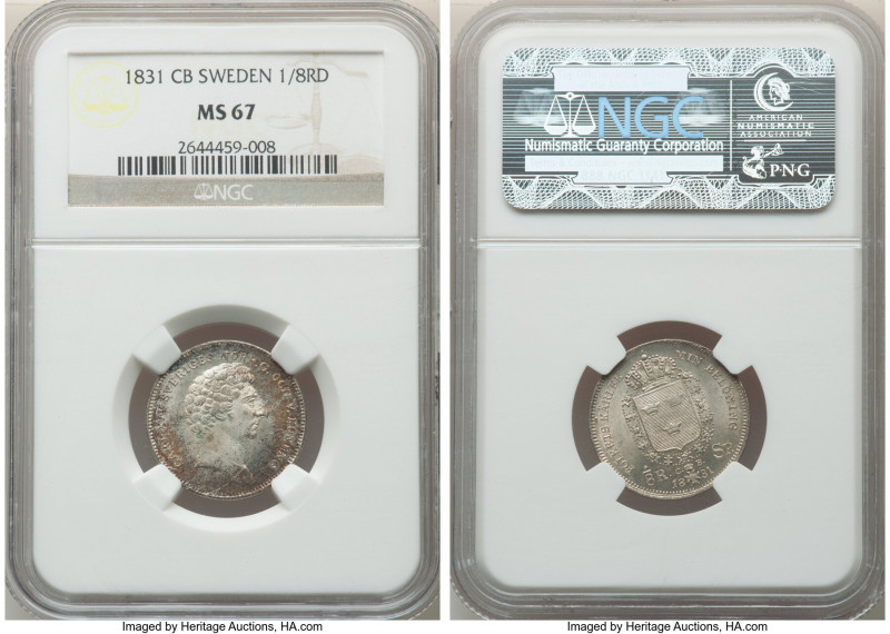 Carl XIV Johan 1/8 Riksdaler 1831-CB MS67 NGC, Stockholm mint, KM626. Exceptiona...