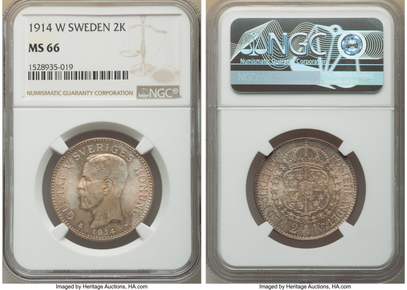 Gustaf V 2 Kronor 1914-W MS66 NGC, KM787. Full blown mint bloom with dusty rose ...