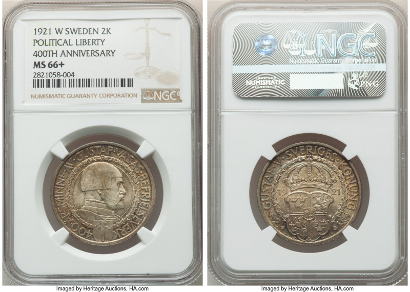 Gustaf V 2 Kronor 1921-W MS66+ NGC, KM799. 400th Anniversary of Gustaf Vasa's Li...