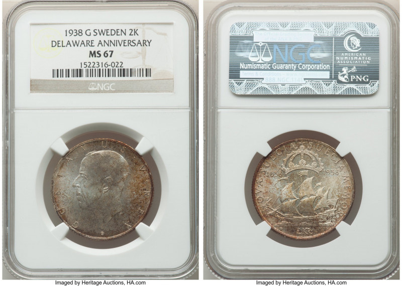 Gustaf V 2 Kronor 1938-G MS67 NGC, KM807. 300th anniversary founding of New Swed...