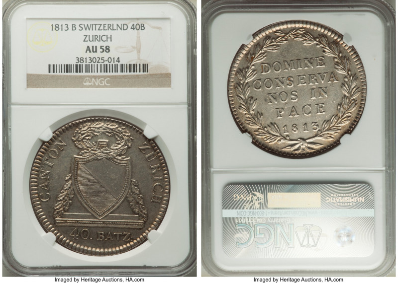 Zurich. Canton 40 Batzen 1813-B AU58 NGC, KM191. Mintmark "B" below ribbon varie...