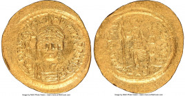 Justin II (AD 565-578). AV solidus (21mm, 4.42 gm, 6h). NGC Choice AU 5/5 - 2/5, graffito. Constantinople, 4th officina. D N I-VSTI-NVS PP AVG, cuiras...