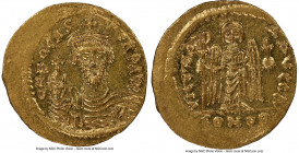 Phocas (AD 602-610). AV solidus (22mm, 4.48 gm, 7h). NGC MS 4/5 - 5/5. Constantinople, 1st officina, AD 607-609. o N FOCAS-PЄRP AVG, crowned, draped a...