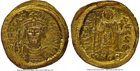 Phocas (AD 602-610). AV solidus (22mm, 4.48 gm, 7h). NGC Choice MS 5/5 - 4/5. Constantinople, 5th officina, AD 607-609. o N FOCAS-PЄRP AVG, crowned, d...