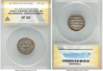 John I Tzimisces (AD 969-976). AR miliaresion (21mm, 6h). ANACS VF 30. Constantinople. + IhSЧS XRI-STЧS nICA *, cross crosslet set upon globus on two ...
