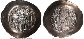 Isaac II Angelus (AD 1185-1195). EL aspron trachy (29mm, 3.59 gm, 6h). NGC MS 4/5 - 2/5, graffito. Constantinople. Virgin, nimbate, enthroned facing, ...
