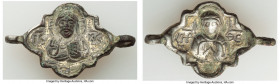 ANTIQUITIES. Byzantine Period. Ca. AD 7th century. Gilt/silvered/AE jewelry section (37mm x 22mm, 7.44 gm, 6h). Fine. Half-length bust of Christ facin...