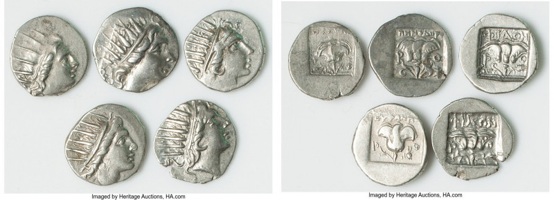 ANCIENT LOTS. Greek. Carian Islands. Rhodes. Ca. 88-84 BC. Lot of five (5) AR dr...