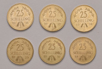 Lot
1. Republik 1918 - 1933 - 1938. 6 Stück, 25 Schilling 1926 bis 1931. a.ca. 5,88g
Her. 17-22
vz/stgl