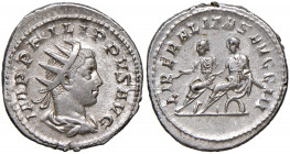 Philippus II. 247 - 249
Römisches Kaiserreich. Antoninianus, 248 n. Chr.. Av.: Büste mit Strahlenkrone, Paludamentum und Brustpanzer n.r. Rv.: Philipp...