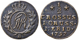 Friedrich Wilhelm III. 1797 - 1840
Deutschland, Brandenburg - Preußen. 1/2 Groschen, 1797 B. Breslau
1,66g
Jaeger 173
ss
