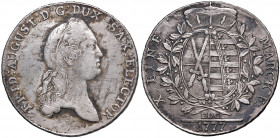 Friedrich August III. 1763 - 1806
Deutschland, Sachsen-Kurlinie ab 1547 (Albertiner). Taler, 1777 EDC. Dresden
27,76g
Kahnt 1074, Dav. 2690
ss