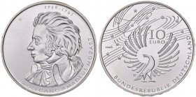 10 Euro, 2006
Deutschland, Republik 1949 - heute. 250. Geburtstag von Wolfgang A. Mozart (J. 518). 18,14g
stgl