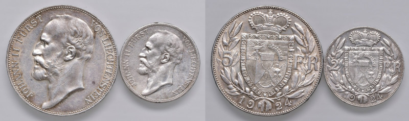 Johann II. 1858 - 1929
Liechtenstein. 2 + 5 Franken, 1924. Wien
25,00g, 10,00g
M...