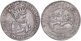 Sigismund 1446 - 1496
1/2 Guldiner, 1484. Hall
15,61g
M./T. 60
Henkelspur, Rand geglättet u. bearbeitet.
ss