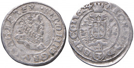 Ferdinand II. 1619 - 1637
3 Kreuzer, 1624. Variante im Avers.
Wien
1,56g
Her. --.
f.ss/ss