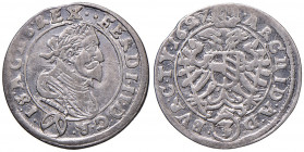 Ferdinand II. 1619 - 1637
3 Kreuzer, 1627. mit REX..FERDI..
Wien
1,81g
Her. 1044 var.
ss