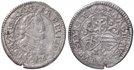 Ferdinand II. 1619 - 1637
3 Kreuzer, 1625. Graz
1,59g
Her. 1078b
f.ss