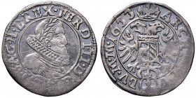 Ferdinand II. 1619 - 1637
3 Kreuzer, 1633. Prag
1,64g
Her. 1157
Prägeschwäche
ss