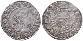 Ferdinand II. 1619 - 1637
3 Kreuzer, 1635. mit BV.M.M.1635 (die M klein)
Prag
1,69g
Her. 1159var.
Prägeschwäche
f.ss