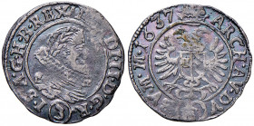 Ferdinand II. 1619 - 1637
3 Kreuzer, 1637. Prag
1,65g
Her. 1162var.
Prägeschwäche
ss
