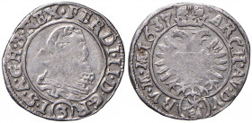 Ferdinand II. 1619 - 1637
3 Kreuzer, 1625 H.R. Mz. 5, Wertzahl im Avers
Breslau
1,68g
Her. --.
ss