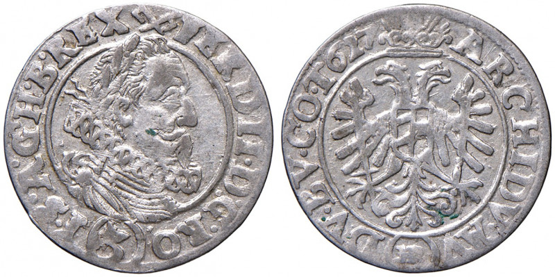 Ferdinand II. 1619 - 1637
3 Kreuzer, 1627 H.R. Breslau
1,80g
Her. 1281a
ss