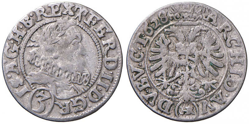 Ferdinand II. 1619 - 1637
3 Kreuzer, 1628 H.R. Breslau
1,52g
Her. 1284
f.ss/ss