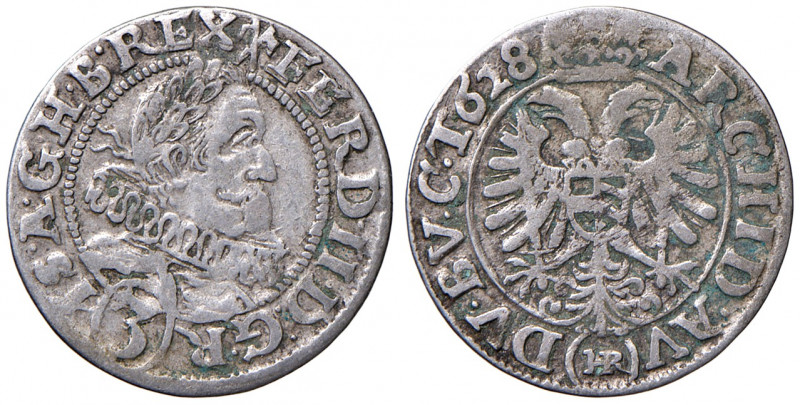 Ferdinand II. 1619 - 1637
3 Kreuzer, 1628 H.R. Breslau
1,60g
Her. 1284
ss