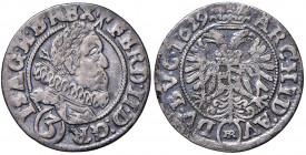 Ferdinand II. 1619 - 1637
3 Kreuzer, 1629 H.R. Breslau
1,68g
Her. 1286
ss