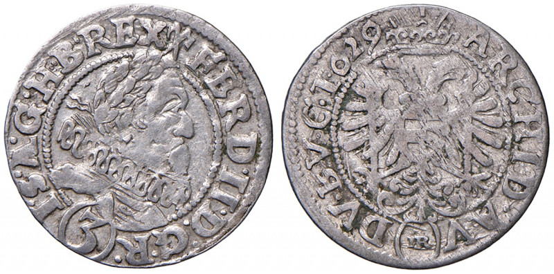 Ferdinand II. 1619 - 1637
3 Kreuzer, 1629 H.R. Breslau
1,73g
Her. 1286a
ss