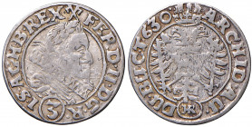 Ferdinand II. 1619 - 1637
3 Kreuzer, 1630 H.R. Breslau
1,52g
Her. 1288
ss