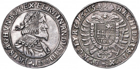 Ferdinand III. 1637 - 1657
Taler, 1645. im Revers mit BVR.CO.TYR
Wien
28,74g
Her. --.
Felder geglättet im Avers
ss/vz