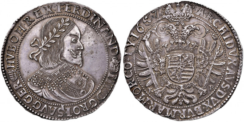 Ferdinand III. 1637 - 1657
Taler, 1657 K-B. mit REX: (2 Punkte)
Kremnitz
28,63g
...