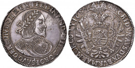 Ferdinand III. 1637 - 1657
Taler, 1657 K-B. mit REX: (2 Punkte)
Kremnitz
28,63g
Her. 487 var.
Avers leivht korrodiert
vz