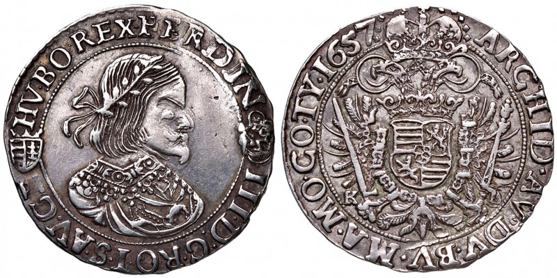 Ferdinand III. 1637 - 1657
1/4 Taler, 1657 K-B. Kremnitz
7,15g
Her. 667
im Avers...