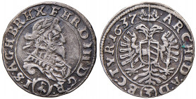 Ferdinand III. 1637 - 1657
3 Kreuzer, 1637. Schreibfehler ! , Revers: RHX. FHRD.
Wien
1,65g
Her. --.
f.vz