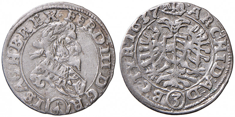 Ferdinand III. 1637 - 1657
3 Kreuzer, 1637. Wien
1,64g
Her. 674
ss