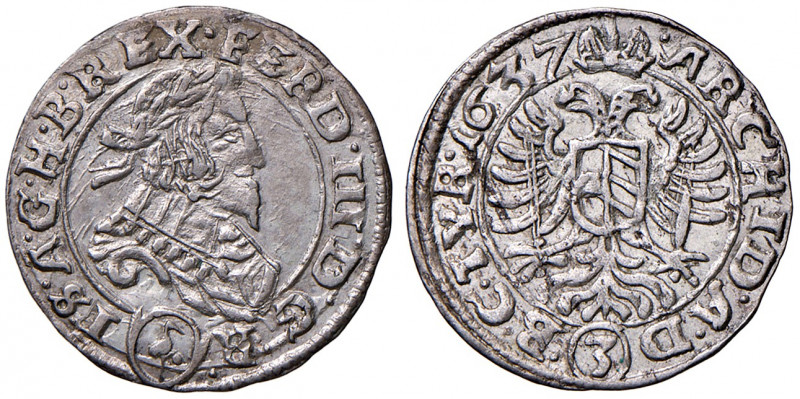 Ferdinand III. 1637 - 1657
3 Kreuzer, 1637. Schreibfehler ! , Revers: im Stempel...