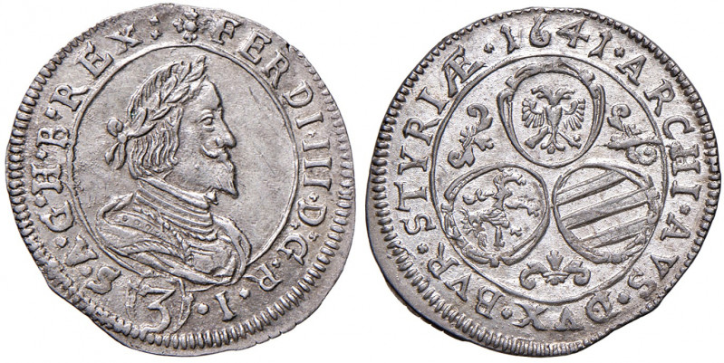 Ferdinand III. 1637 - 1657
3 Kreuzer, 1641. Graz
1,76g
Her. 695a
vz/stgl