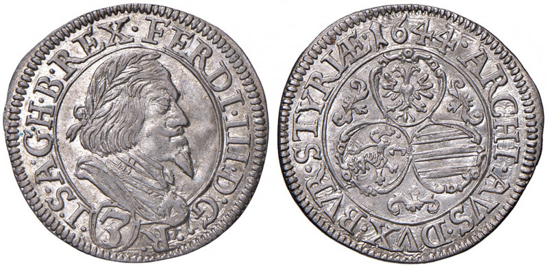 Ferdinand III. 1637 - 1657
3 Kreuzer, 1644. Graz
1,96g
Her. 698 var.
vz/stgl