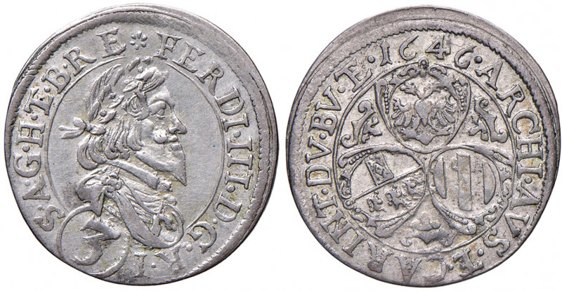 Ferdinand III. 1637 - 1657
3 Kreuzer, 1646. Graz
1,85g
Her. 701
ss/ss+