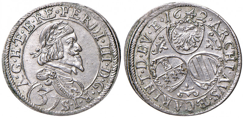 Ferdinand III. 1637 - 1657
3 Kreuzer, 1642. St. Veit
1,97g
Her. 724a
f.stgl
