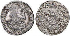 Ferdinand III. 1637 - 1657
3 Kreuzer, 1640. im Avers IMPERA und im Revers BOHEN-IAE.
Prag
1,47g
Her. --.
f.vz